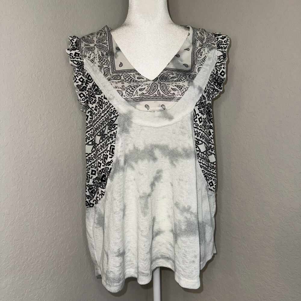 POL Tunic Top Womens Small Gray Black Boho Casual V-Neck Ruffle Sleeves Pullover